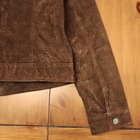 Bernardo Suede Chocolate Brown Moto Jacket Embossed Leather Reptile Womens Large - Picture 4 of 5